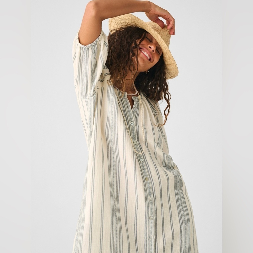 FAHERTY Boho Minimalist Oversized Carmel Dream Stripe Gauze Midi Dress Sz S NWT - Picture 7 of 14